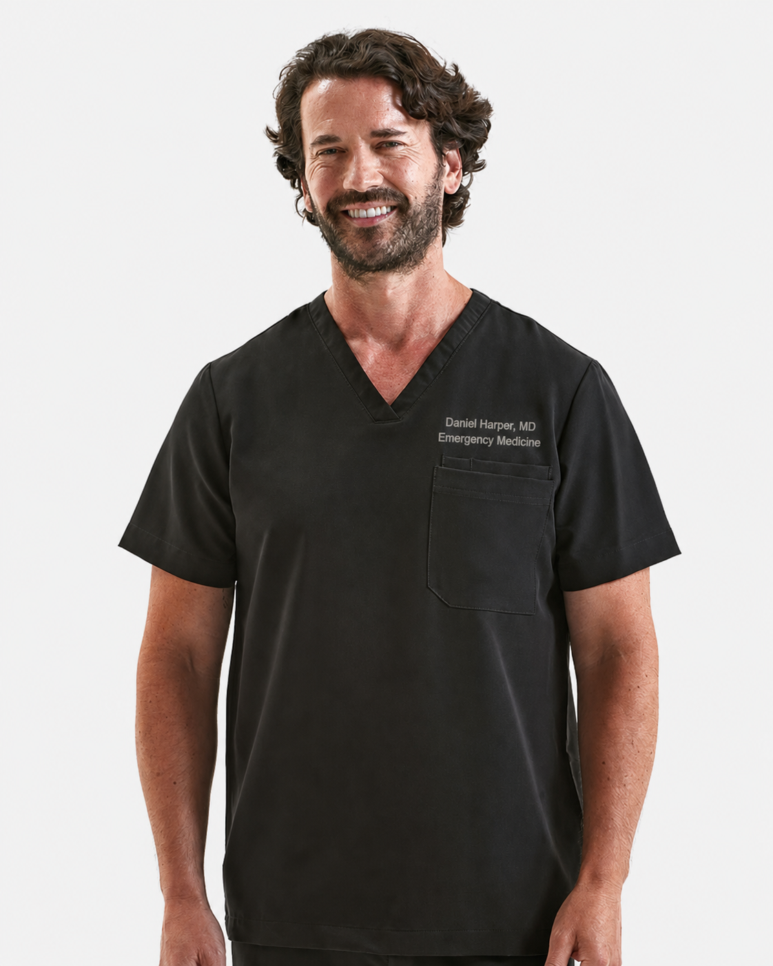 Onna NN200 black scrub top with sample Daniel Harper embroidery