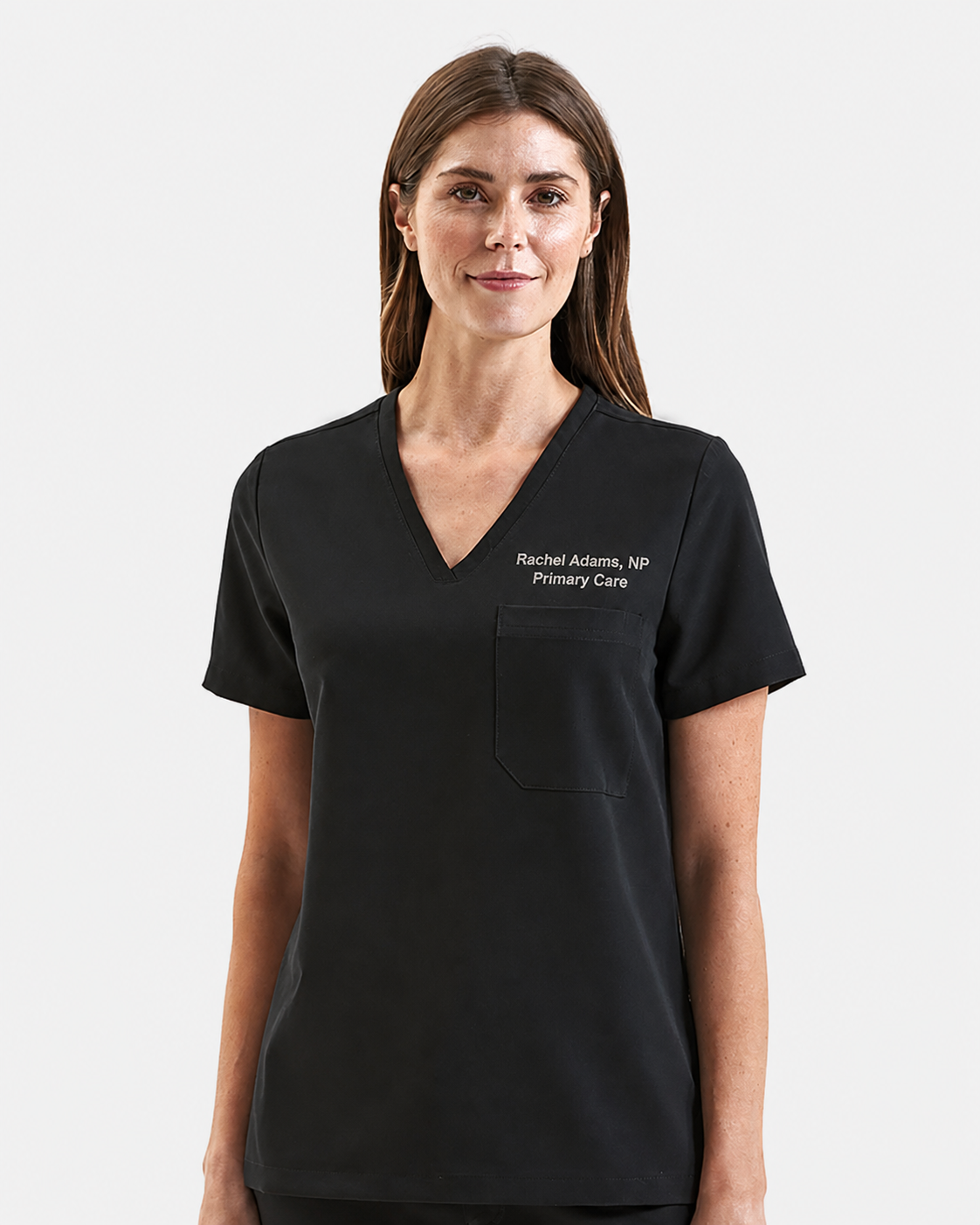 Onna NN300 black scrub top with sample Rachel Adams embroidery