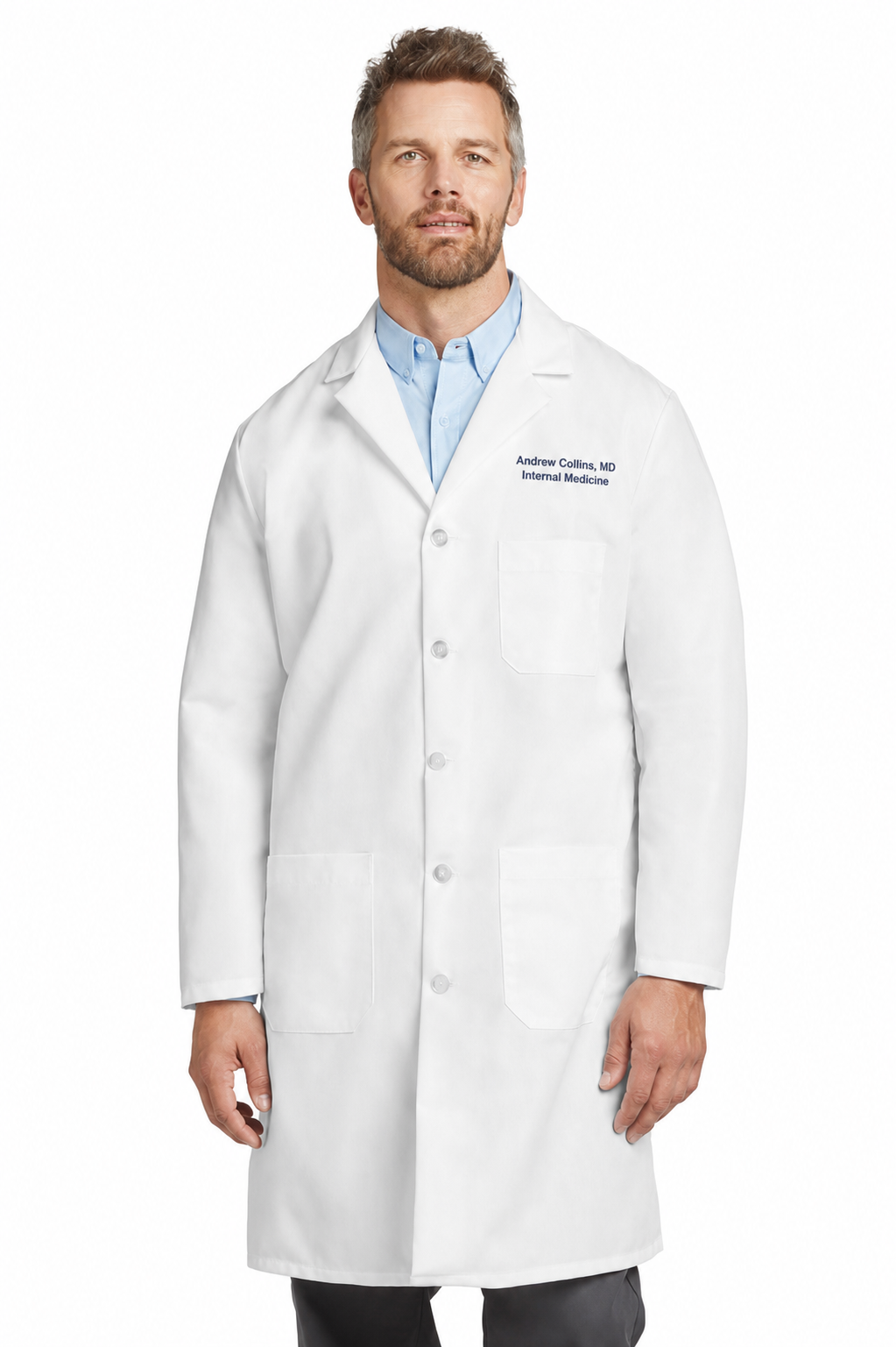 Red Kap KP14 white lab coat with sample Andrew Collins embroidery