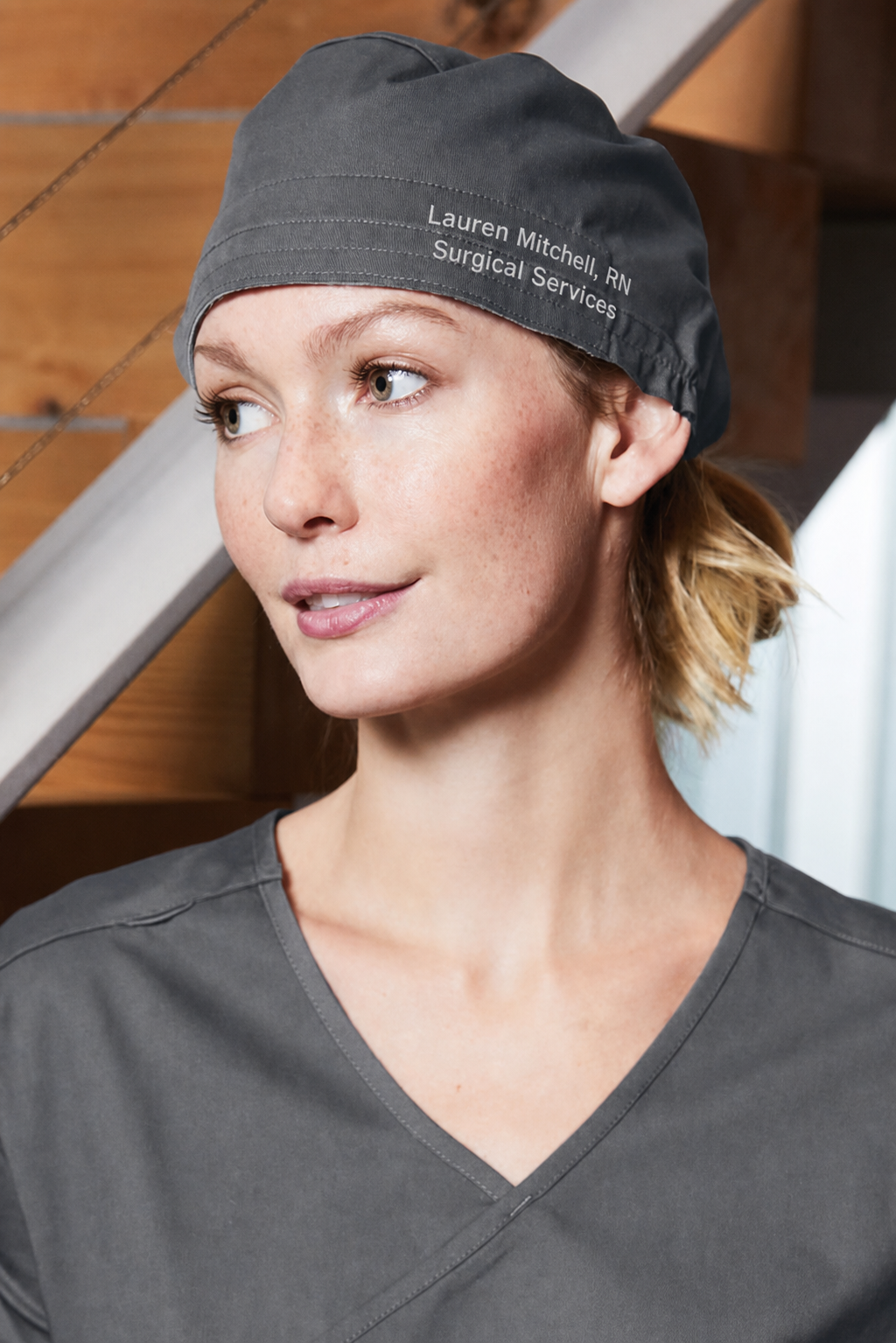 Wink WW3040 pewter scrub cap with sample Lauren Mitchell embroidery