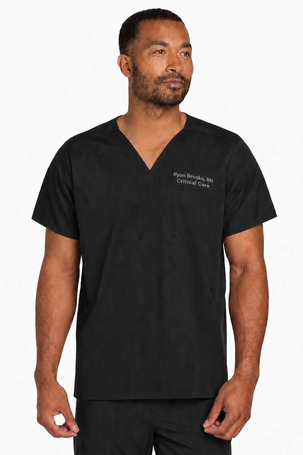 Wink WW3160 black scrub top with sample Ryan Brooks embroidery