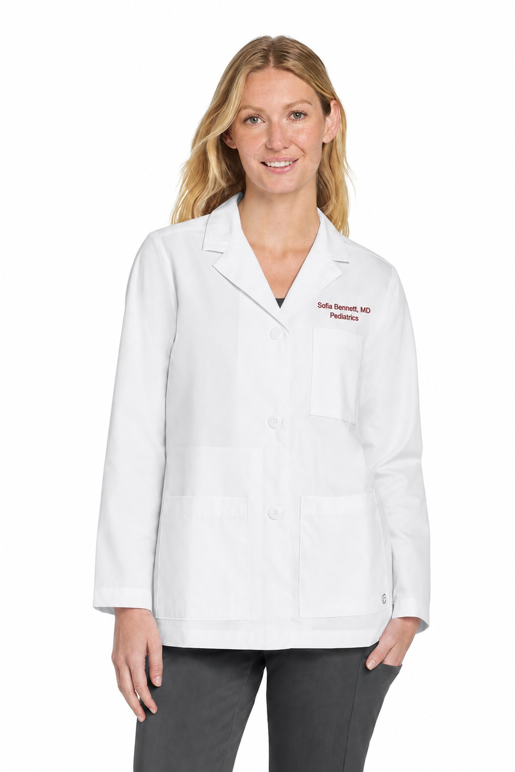 Wink WW4072 white lab coat with sample Sofia Bennett embroidery