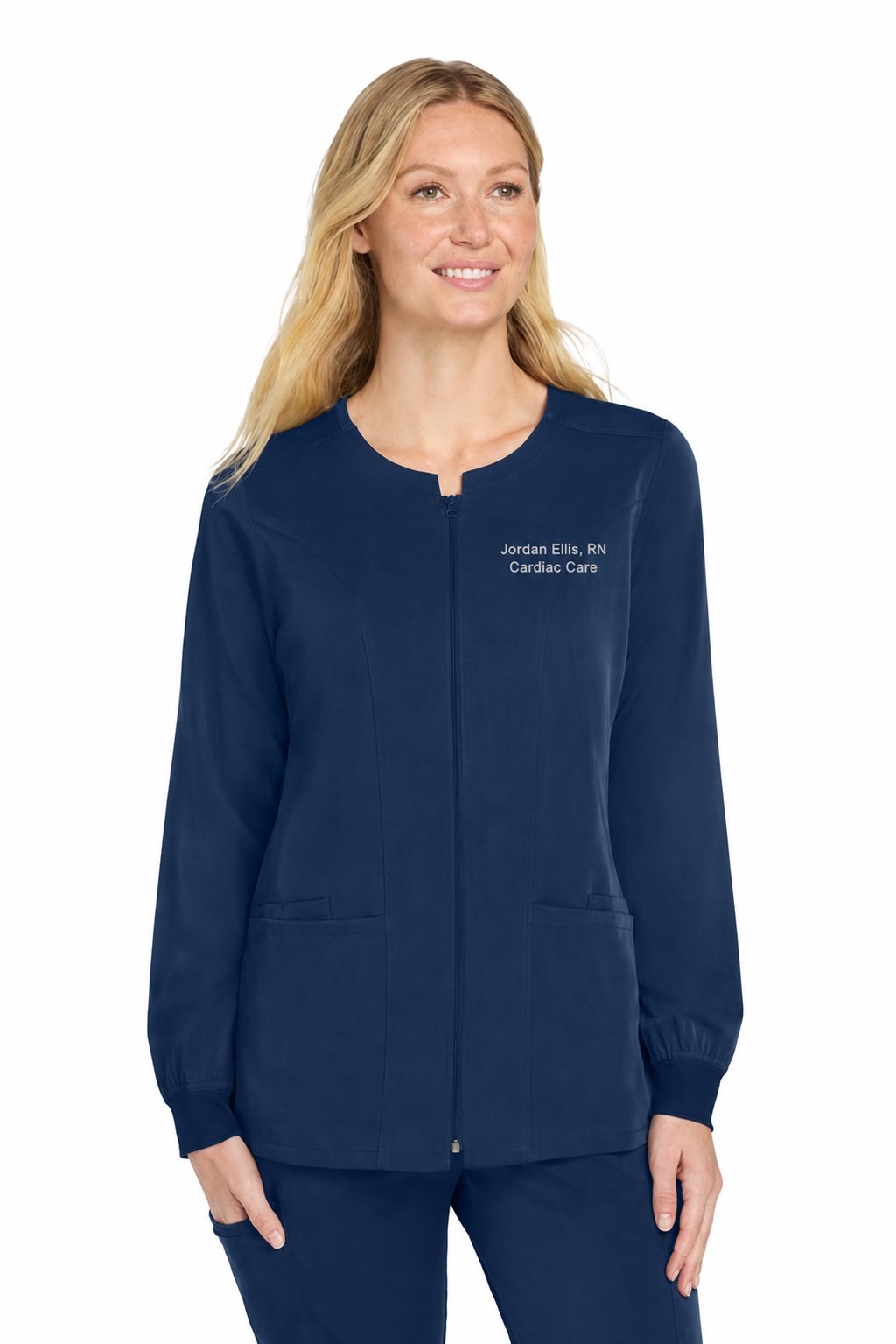 Wink WW4088 navy scrub jacket with sample Jordan Ellis embroidery