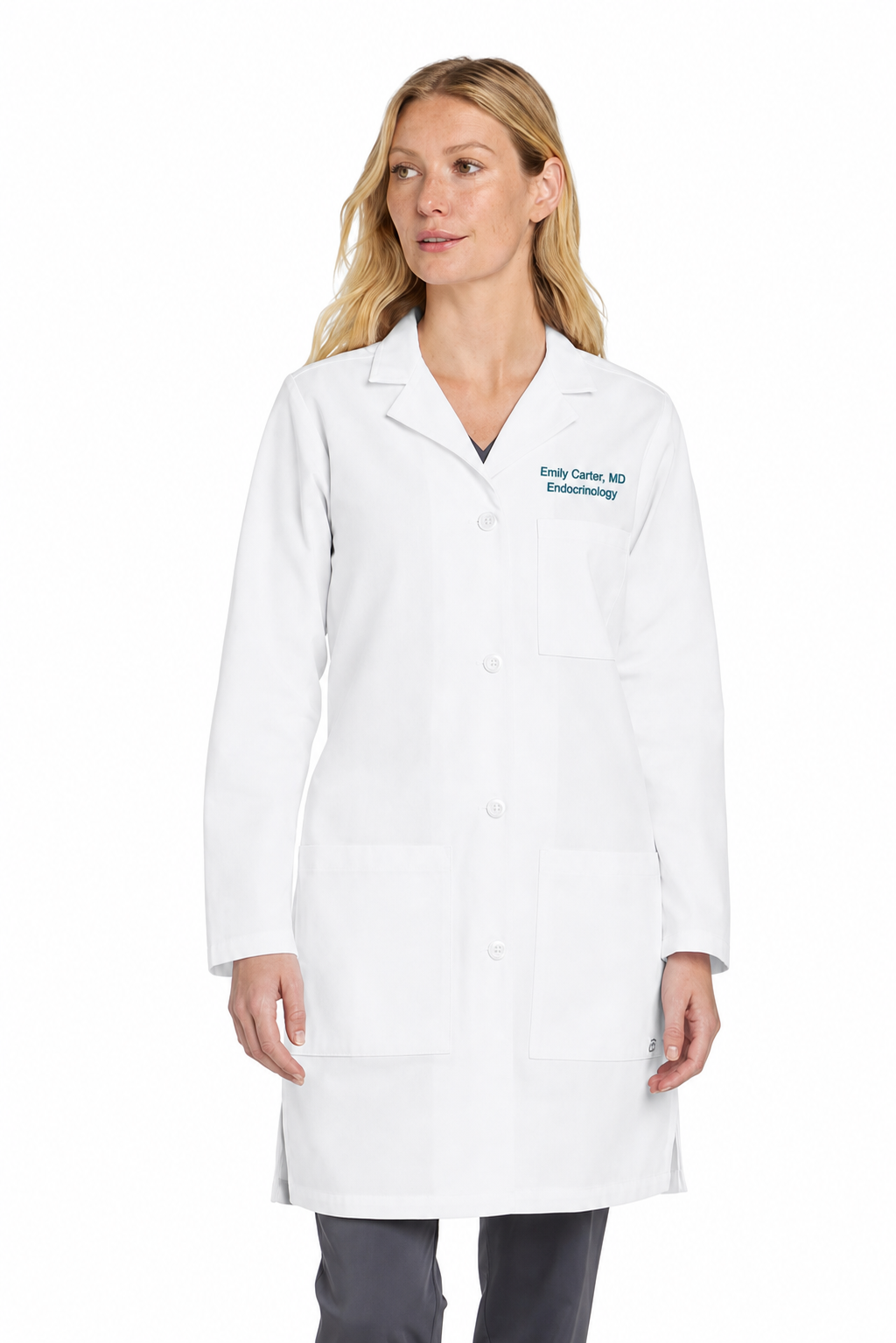 Wink WW4172 white lab coat with sample Emily Carter embroidery