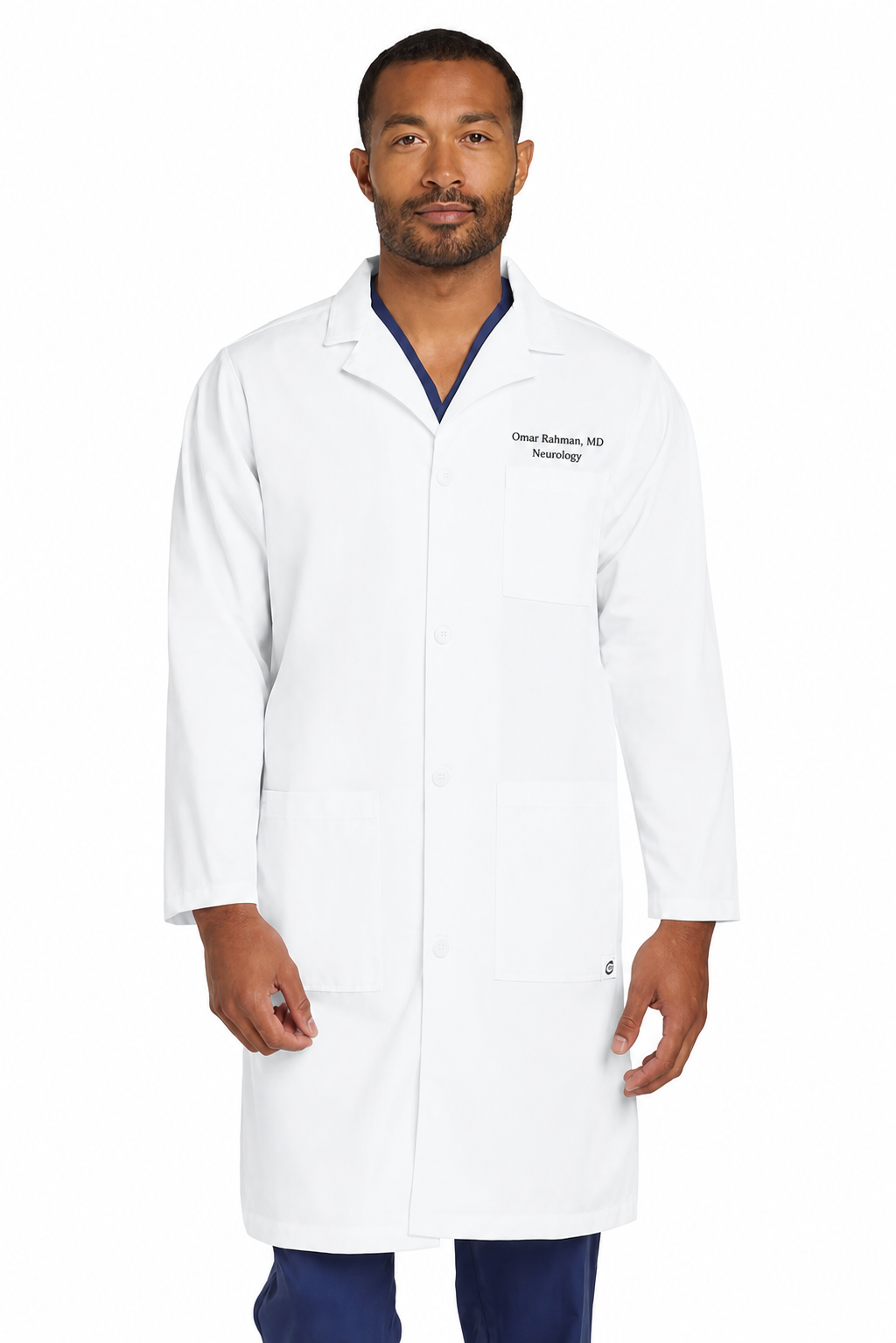 Wink WW5172 white lab coat with sample Omar Rahman embroidery